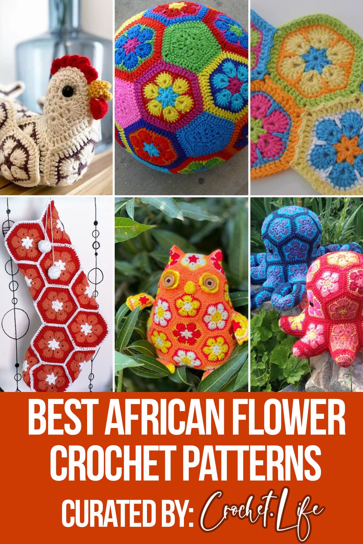 photo collage of crochet african flower patterns with text which reads best african flower crochet patterns curated by crochet.life