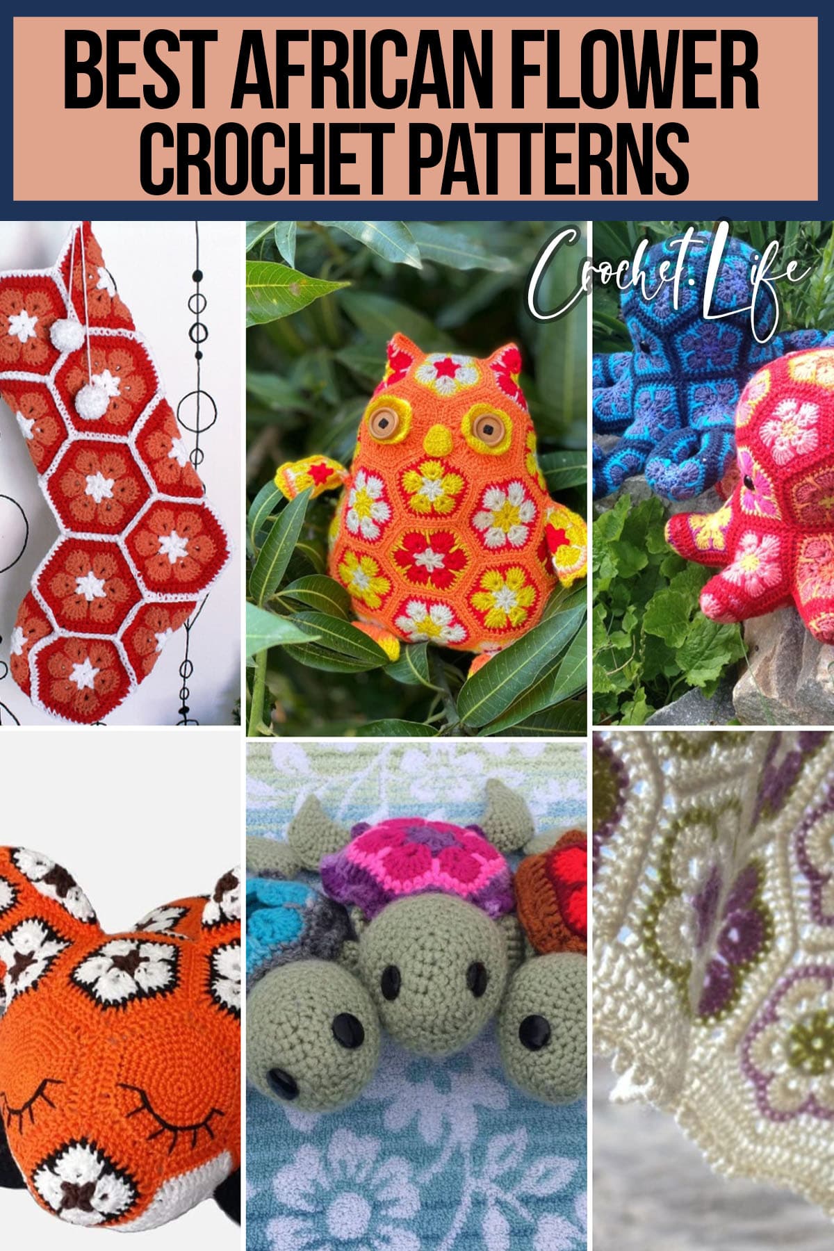 photo collage of crochet patterns for the african flower motif with text which reads best african flower crochet patterns