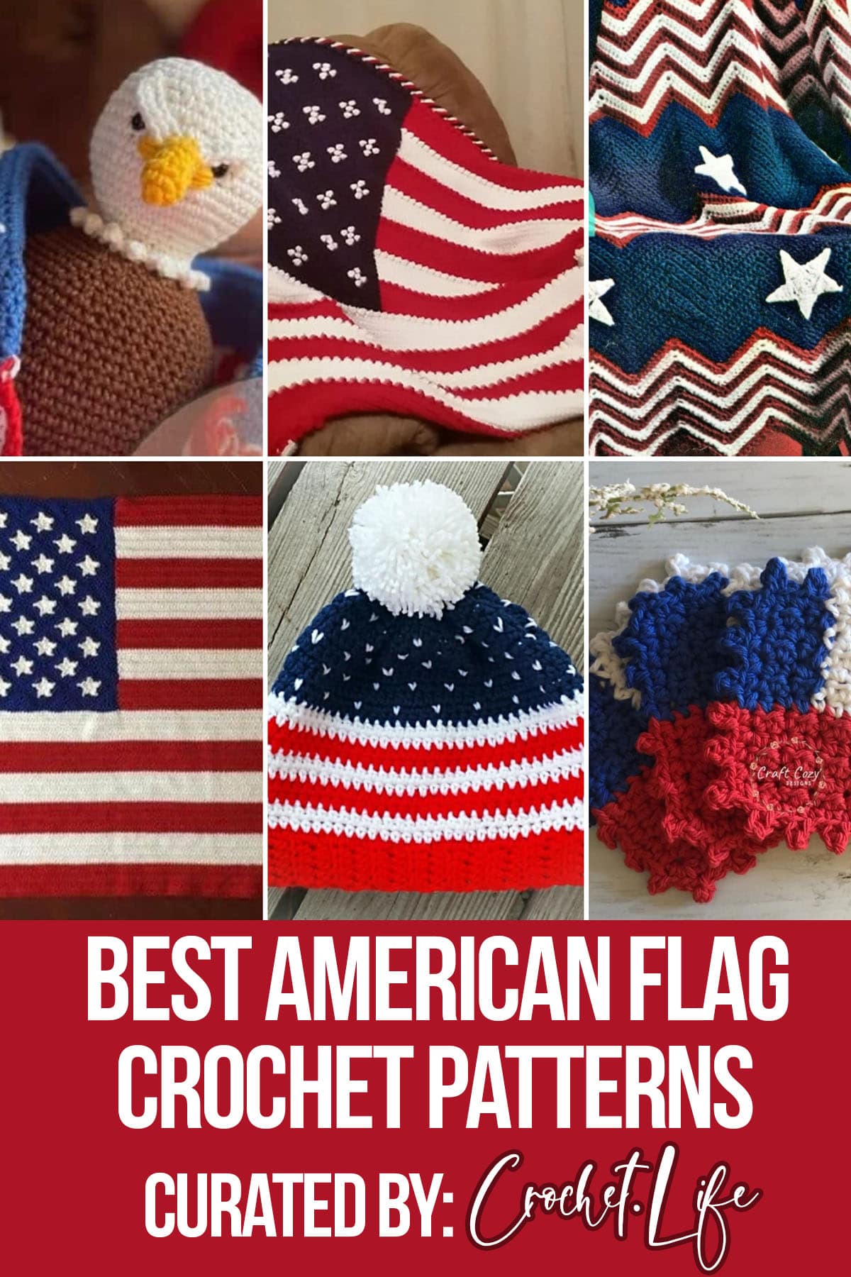 photo collage of american flag crochet patterns with text which reads best american flag crochet patterns curated by crochet.life