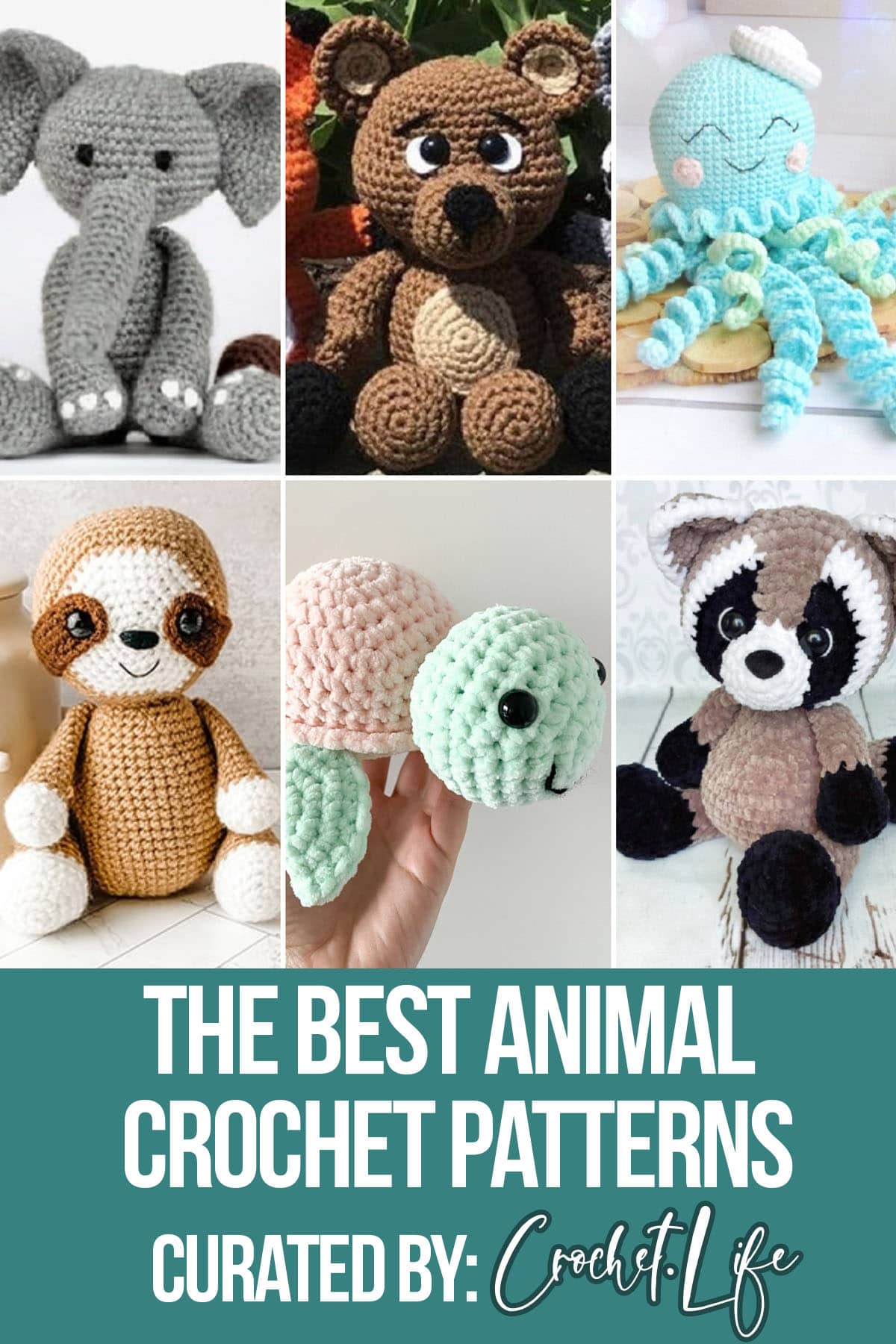 photo collage of crochet patterns for animals with text which reads the best animal crochet patterns curated by crochet.life