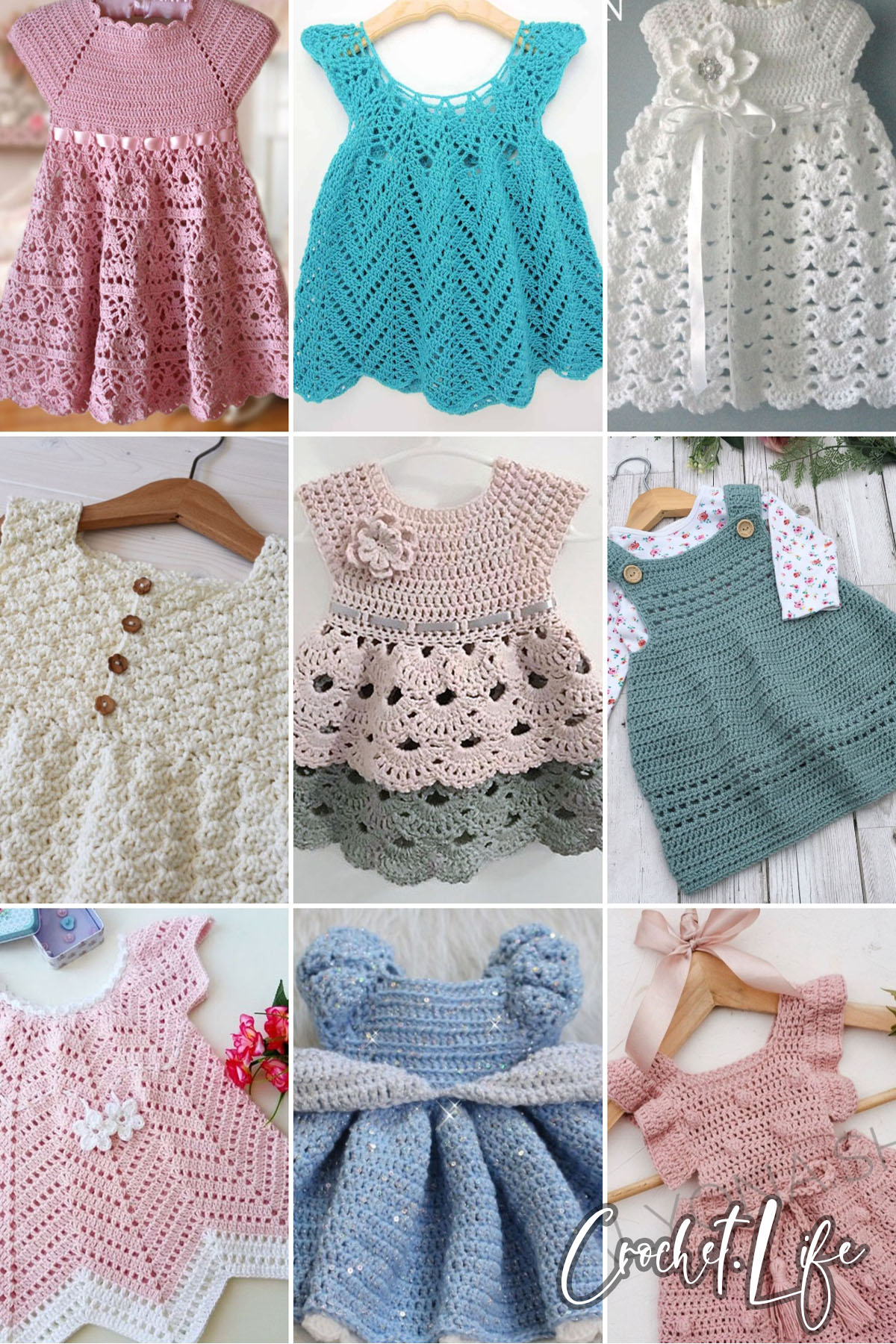 photo collage of crochet baby dress patterns 