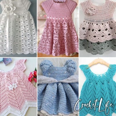 photo collage of baby dress crochet patterns