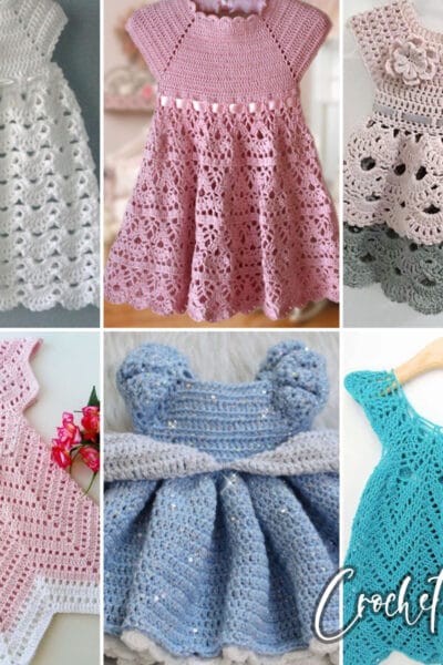 photo collage of baby dress crochet patterns