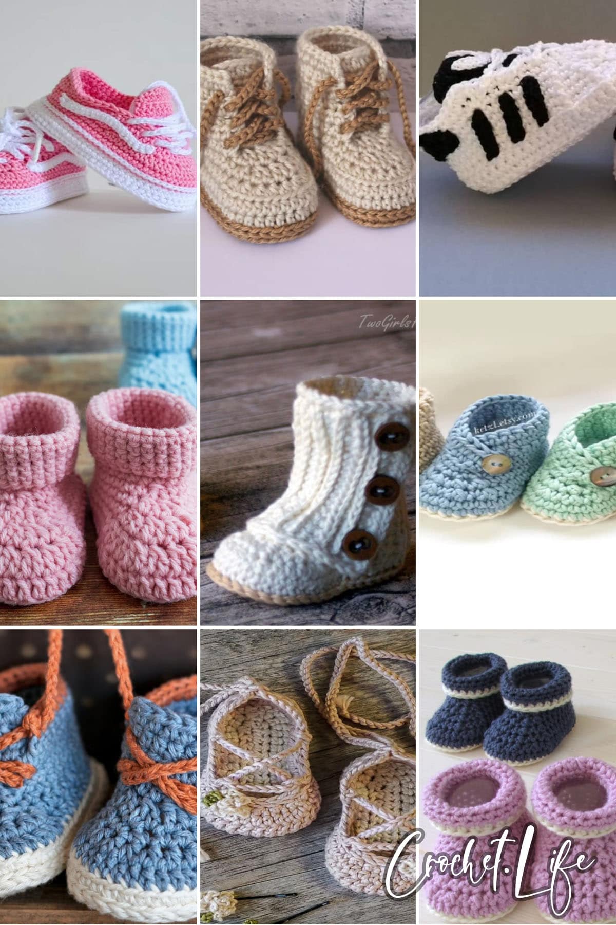 photo collage of crochet baby shoes patterns