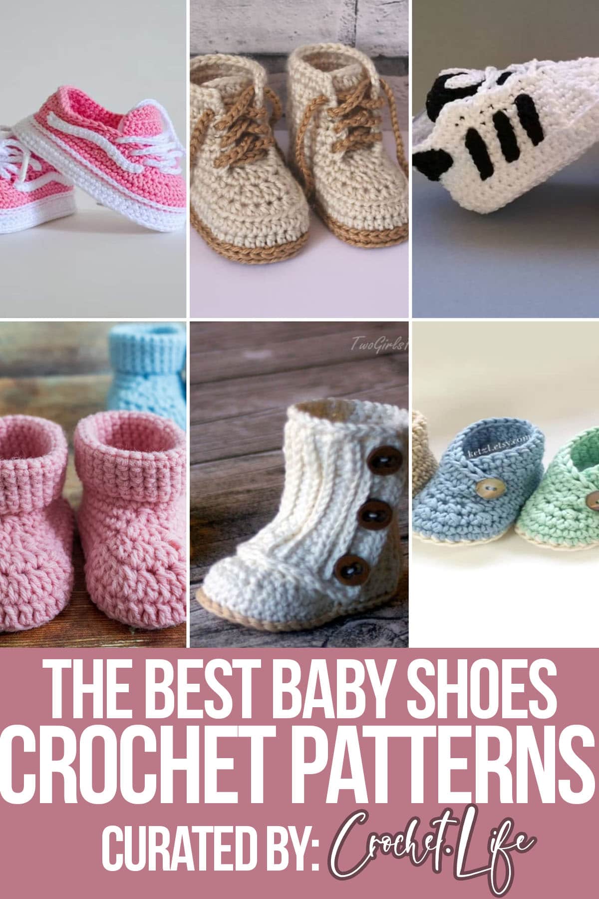photo collage of crochet patterns for baby shoes with text which reads the best baby shoes crochet patterns curated by crochet.life
