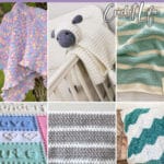 photo collage of crochet bernat baby blanket yarn patterns with text which reads the best bernat baby yarn crochet patterns