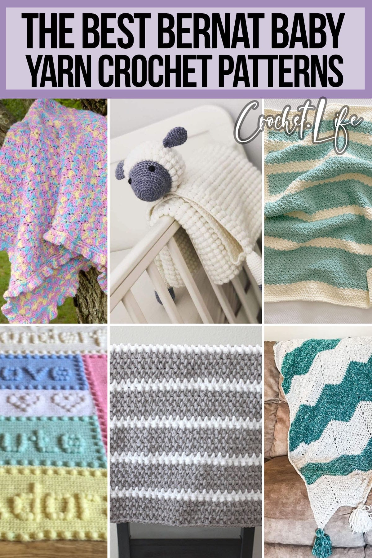 photo collage of crochet bernat baby blanket yarn patterns with text which reads the best bernat baby yarn crochet patterns