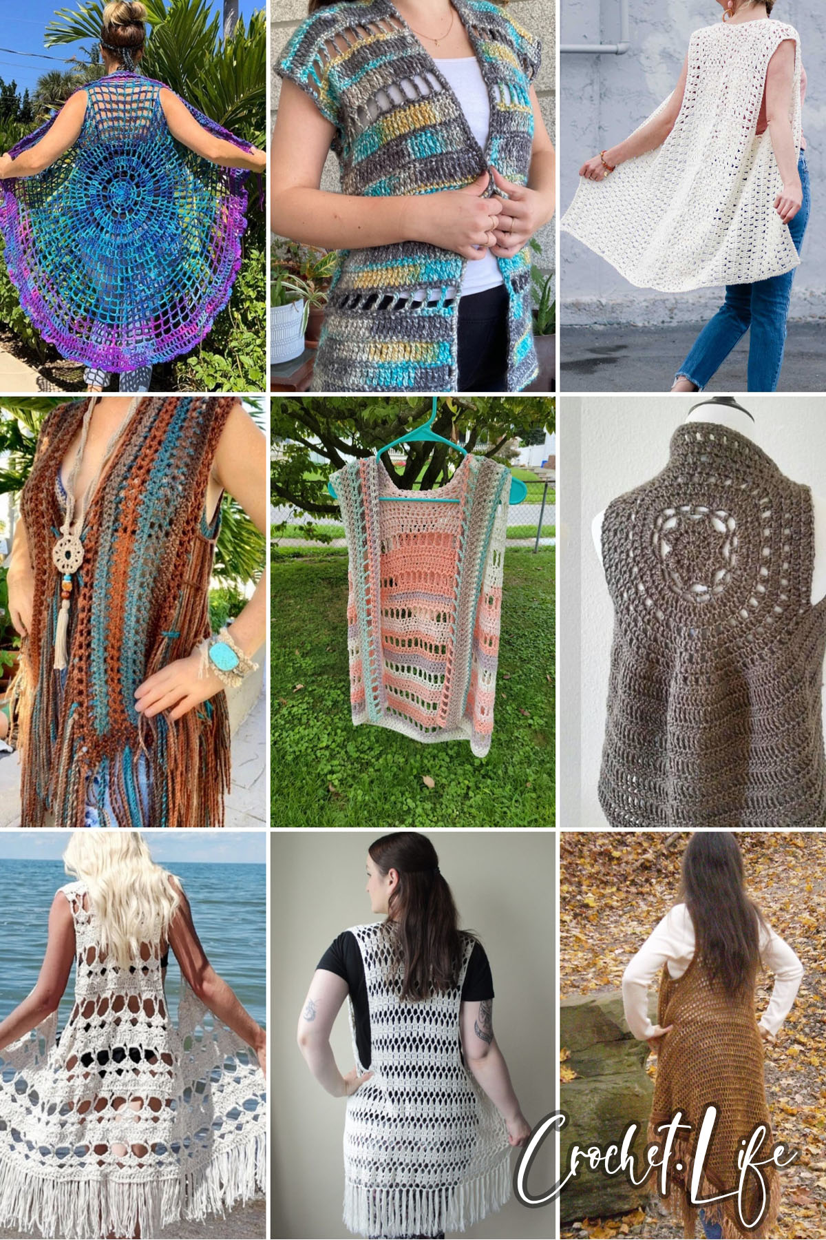photo collage of boho vest crochet patterns