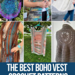 photo collage of crochet bohemian vest patterns with text which reads the best boho vest crochet patterns curated by crochet.life