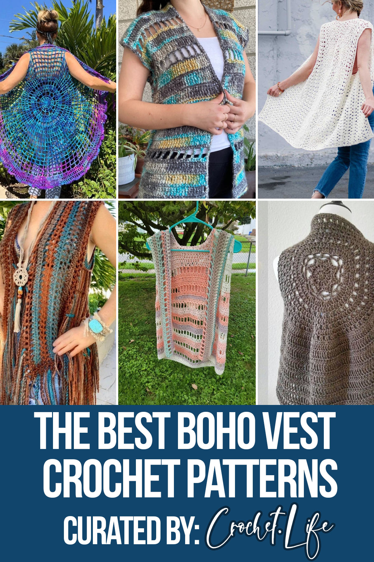 photo collage of crochet bohemian vest patterns with text which reads the best boho vest crochet patterns curated by crochet.life