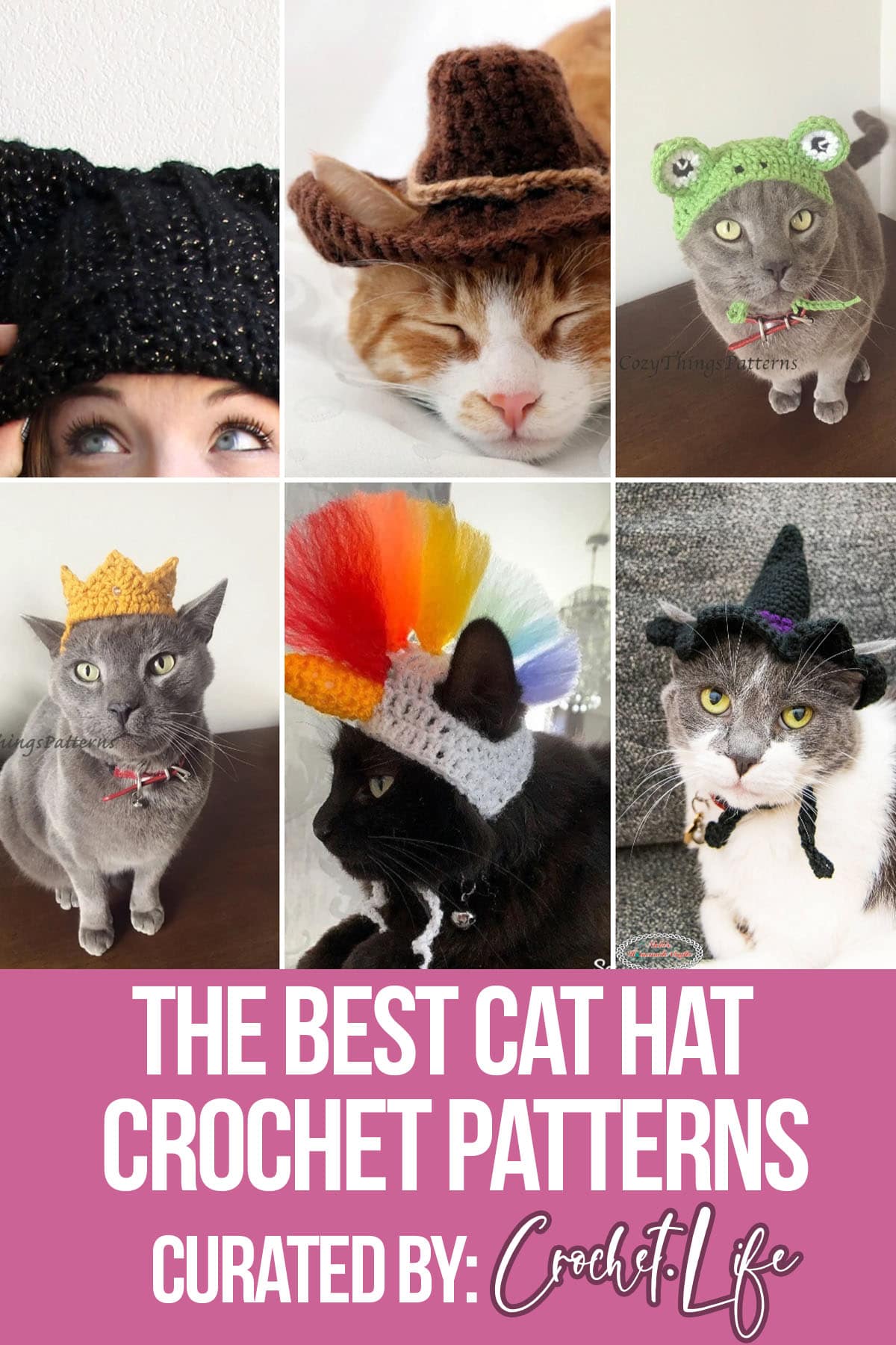 photo collage of crochet patterns for cat hats with text which reads the best cat hat crochet patterns curated by crochet.life