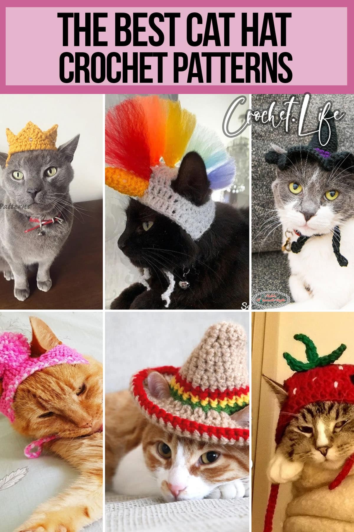 photo collage of patterns for crochet cat hats with text which reads the best cat hat crochet patterns 