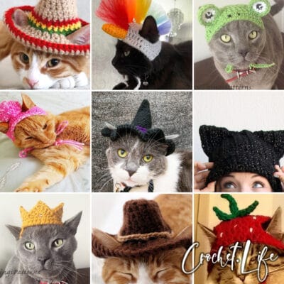 photo collage of cat hat crochet patterns