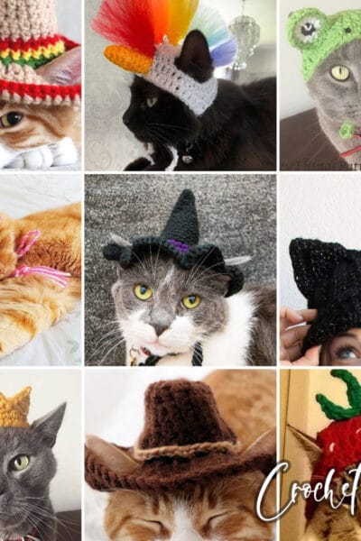 photo collage of cat hat crochet patterns