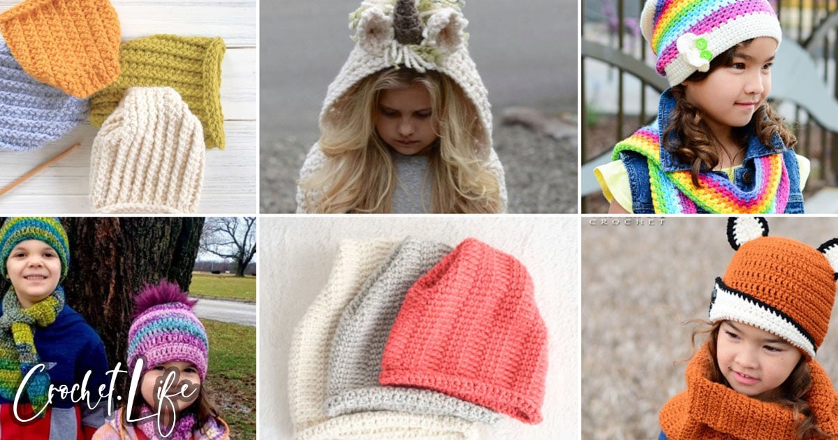photo collage of childrens hat and scarf crochet patterns 
