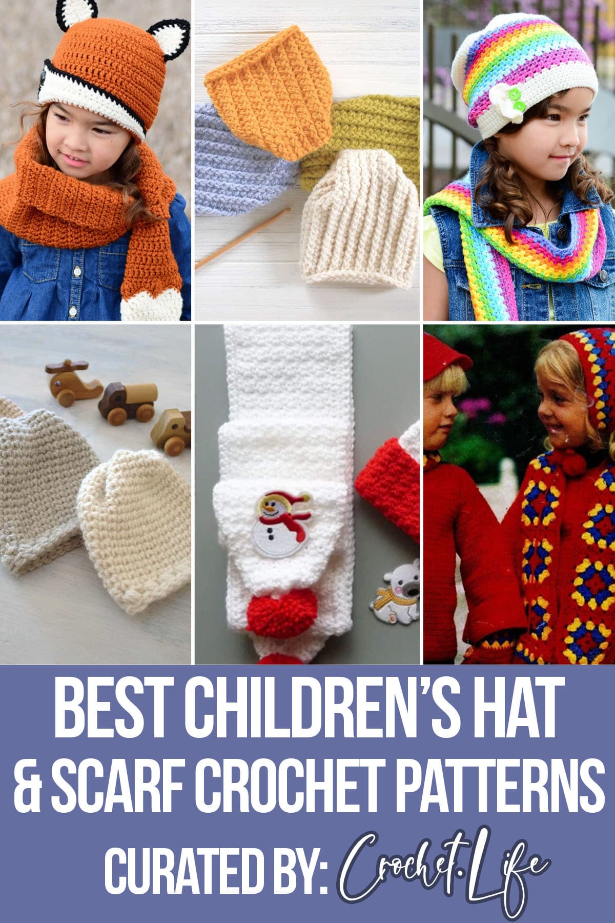 photo collage of childrens hat crochet patterns with text which reads best children's hat and scarf crochet patterns 