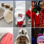 photo collage of childrens scarf crochet patterns with text which reads best children's hat and scarf crochet patterns