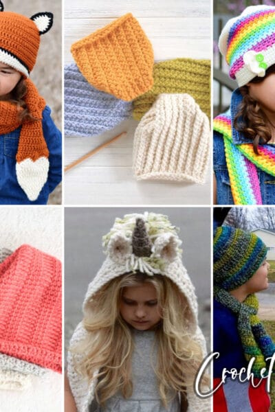 photo collage of childrens hat and scarf crochet patterns