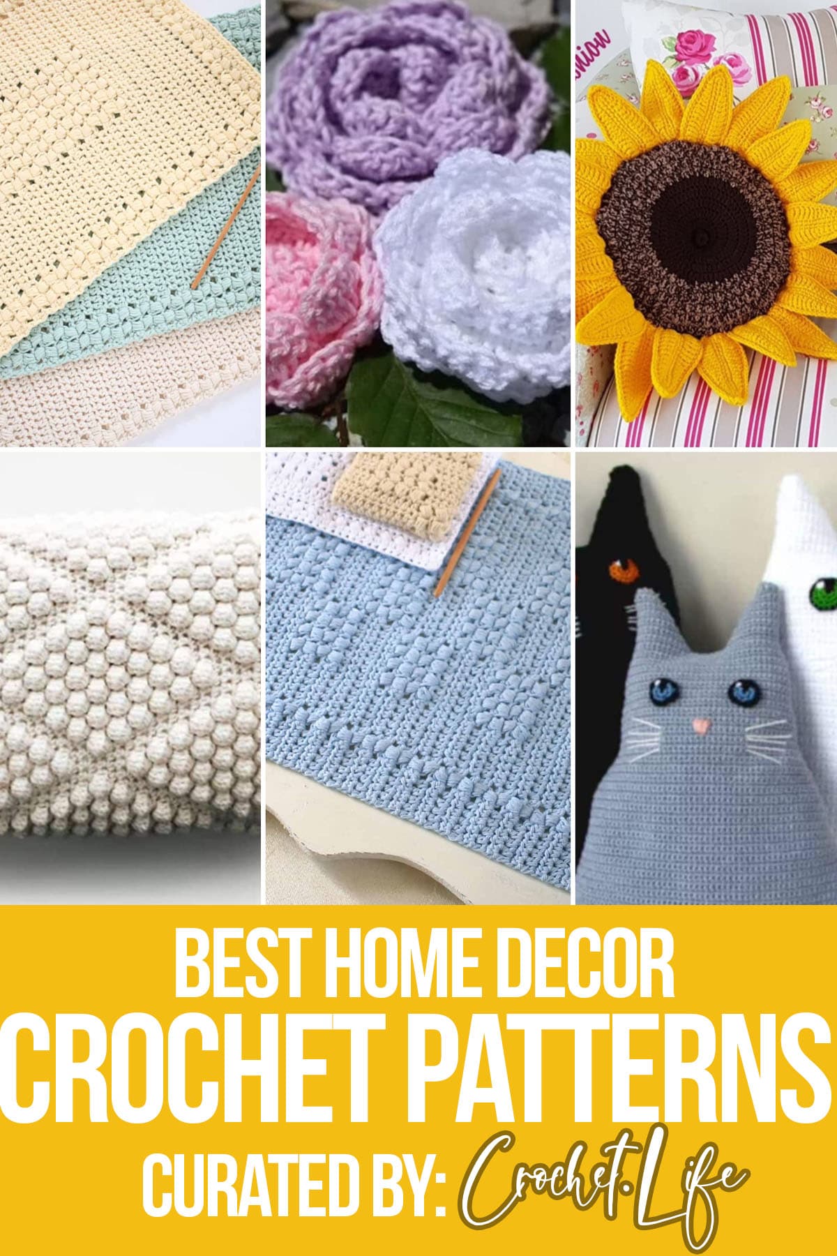 photo collage of crochet patterns for the house with text which reads best home decor crochet patterns curated by crochet.life 