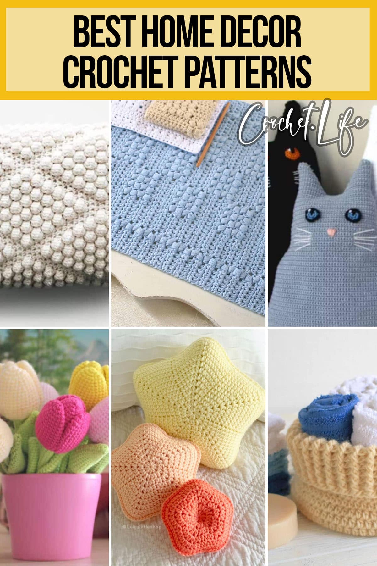 photo collage of crochet patterns for the house with text which reads best home decor crochet patterns 