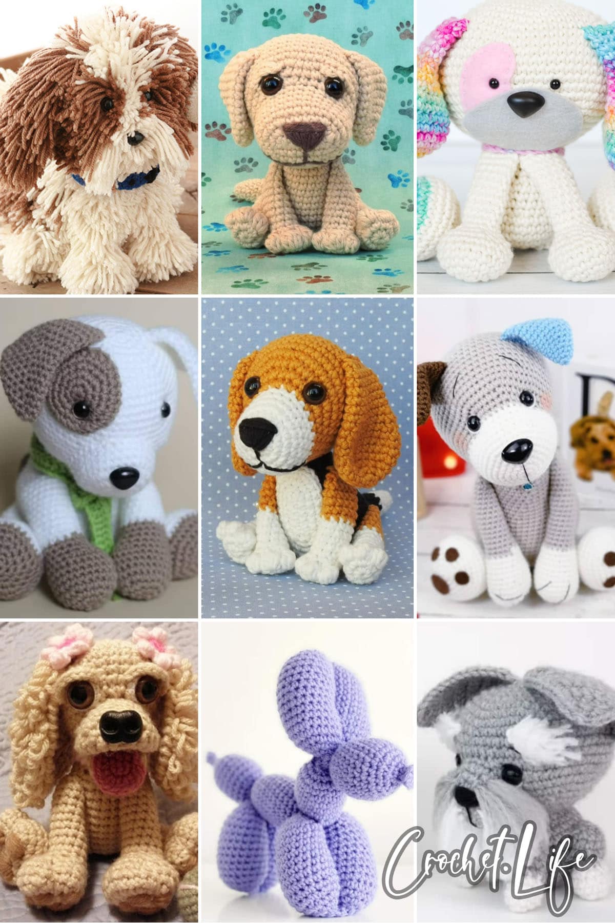 photo collage of crochet dog patterns 