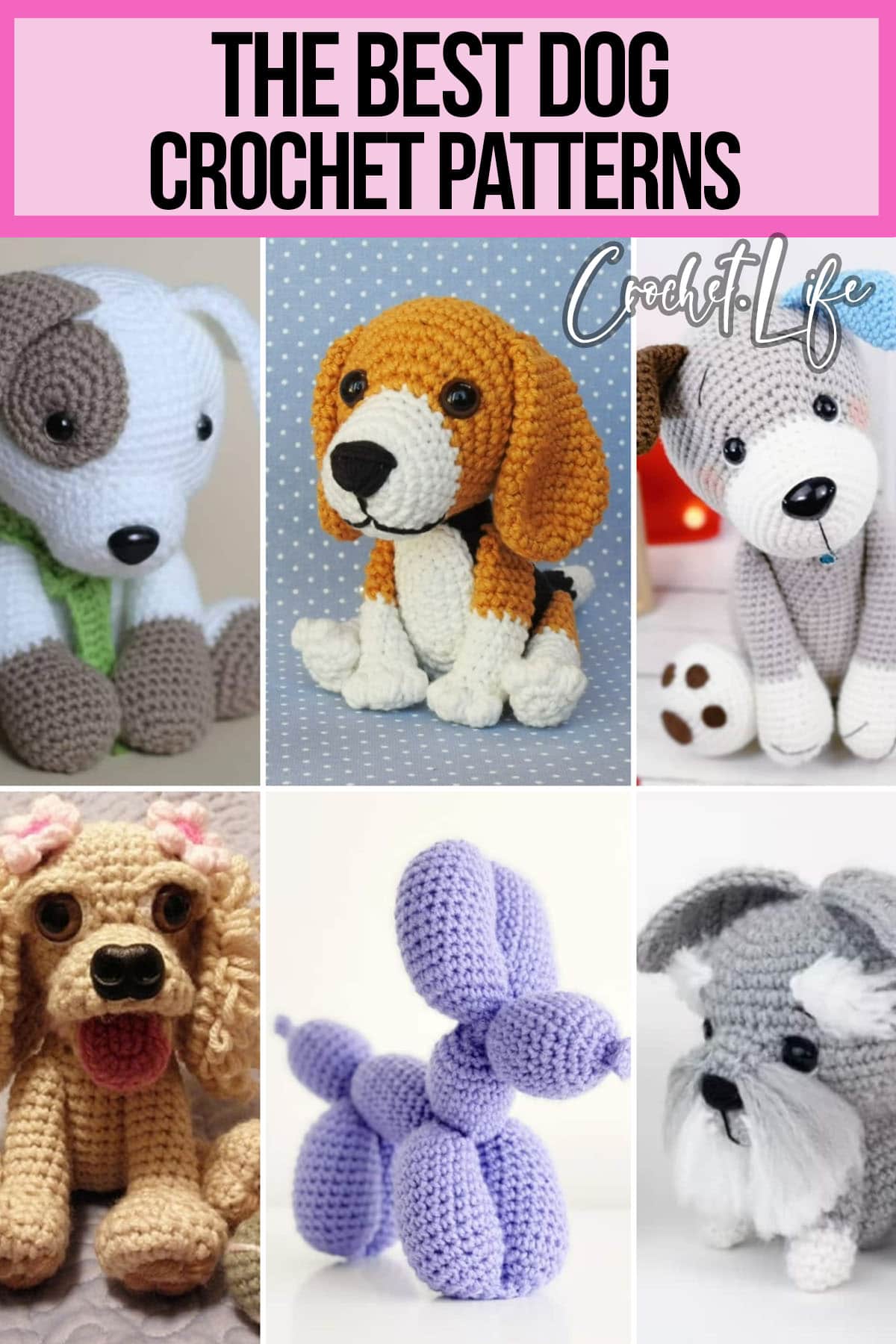photo collage of puppy crochet patterns with text which reads the best dog crochet patterns