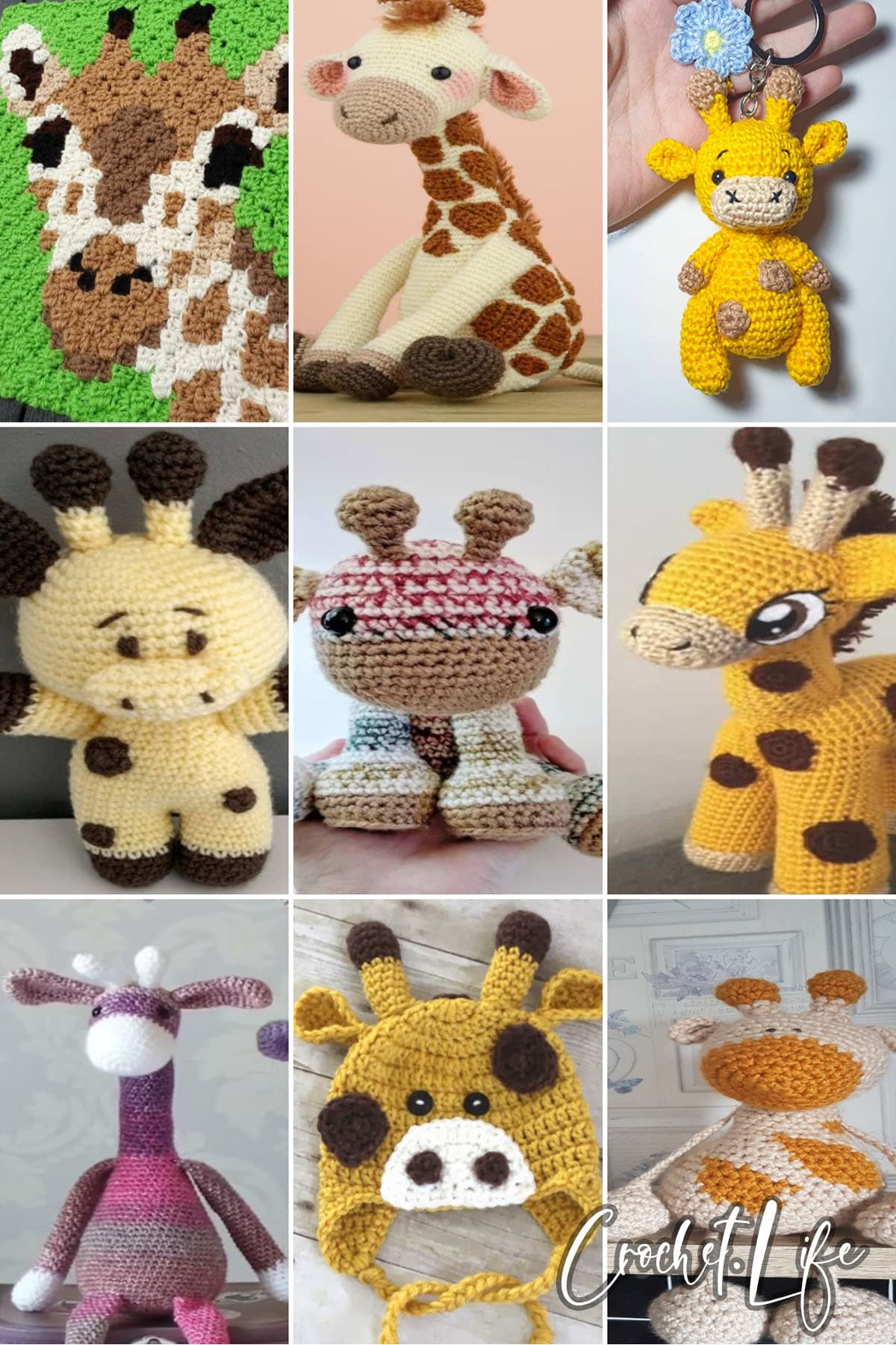 photo collage of crochet giraffe patterns 