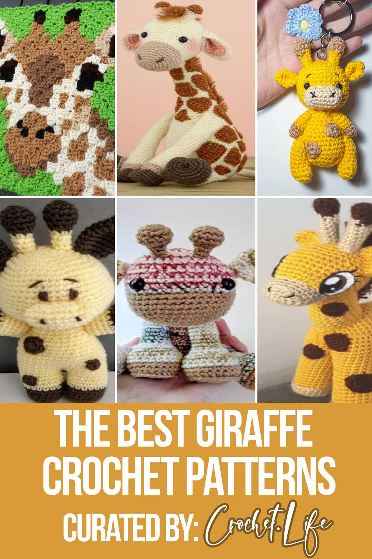 photo collage of crochet patterns of giraffes with text which reads the best giraffe crochet patterns curated by crochet.life