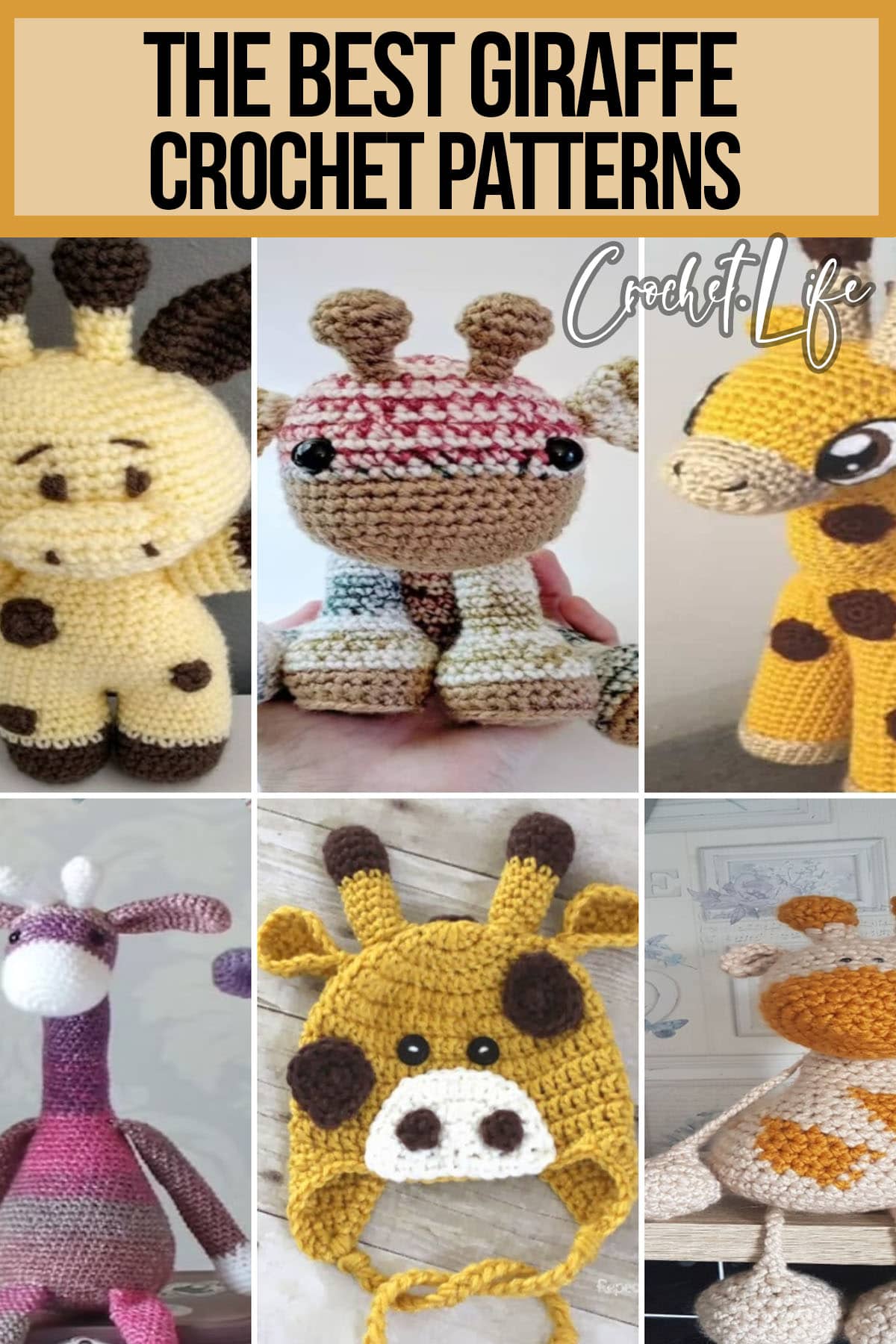 photo collage of patterns of crochet giraffes with text which reads the best giraffe crochet patterns 
