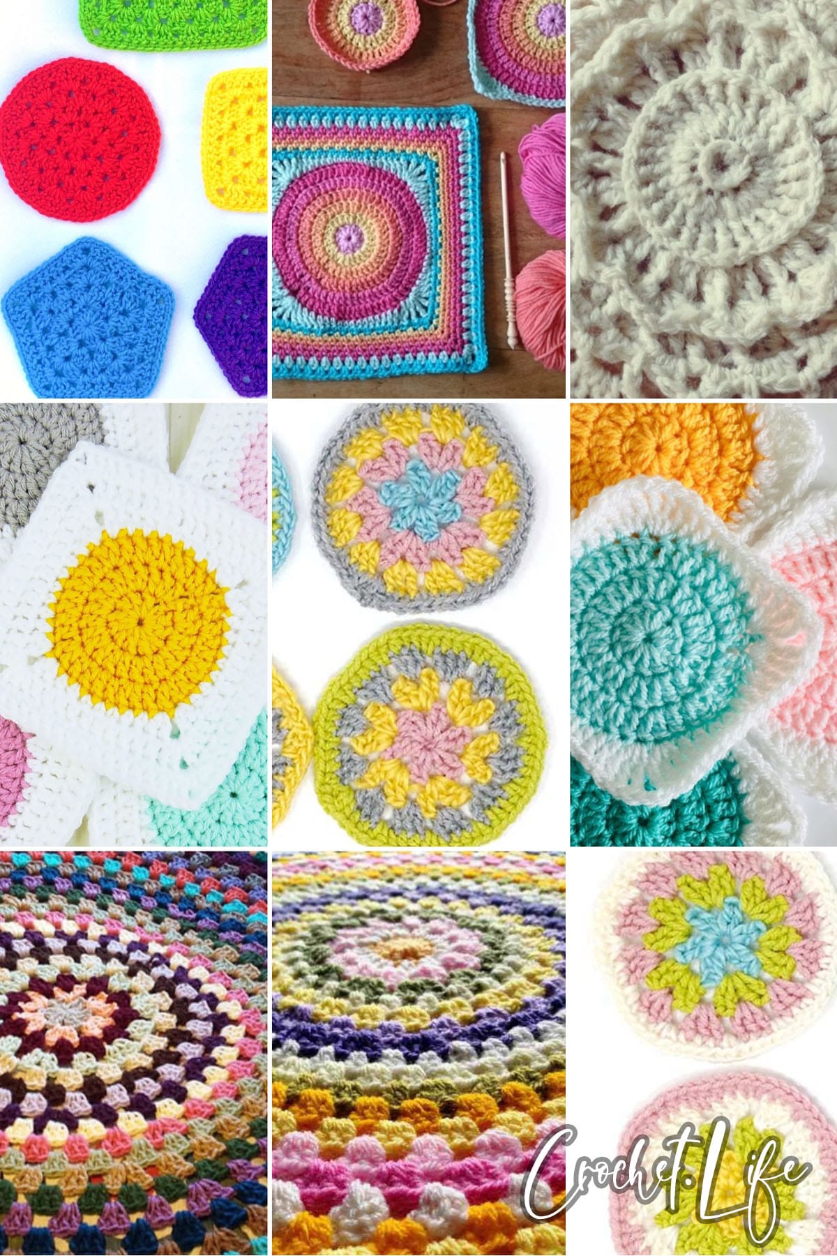 photo collage of crochet granny circle patterns 