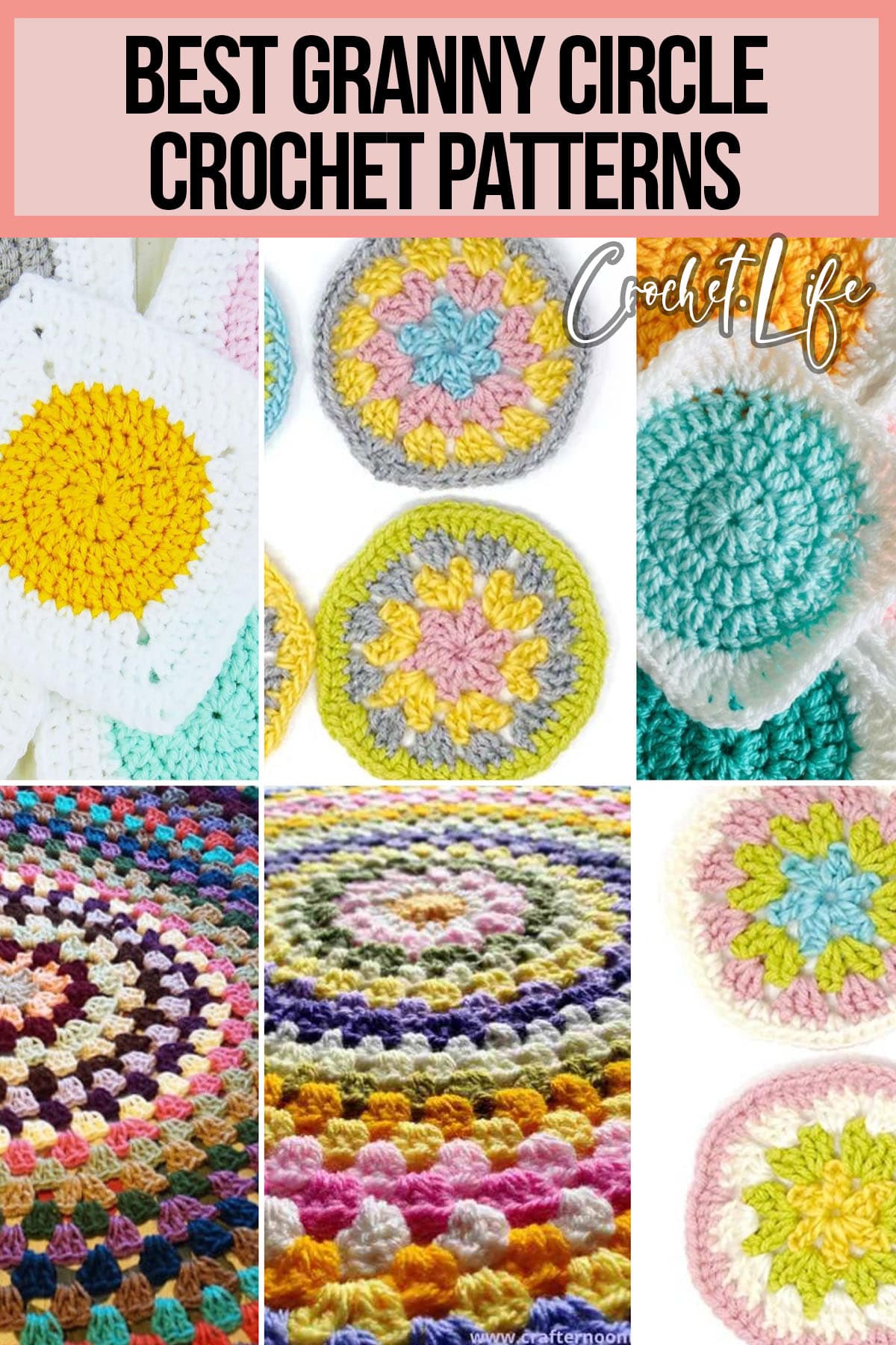 photo collage of patterns for crocheted granny circles with text which reads best granny circle crochet patterns 
