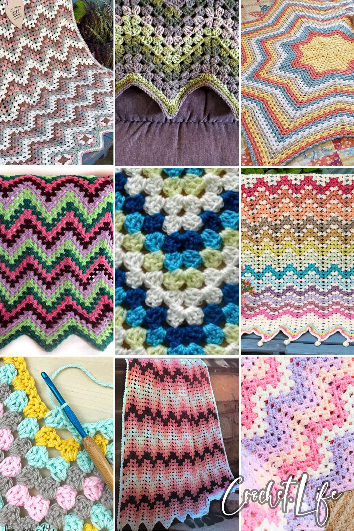 photo collage of crochet granny ripple patterns