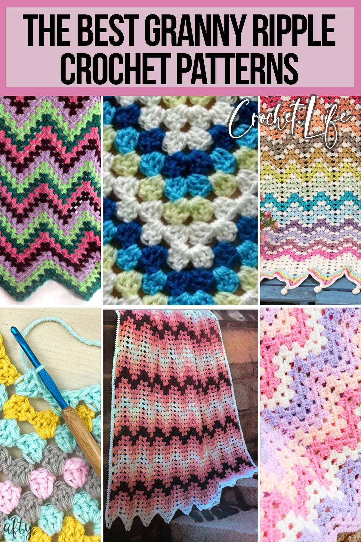 photo collage of patterns for crocheted granny ripple projects with text which reads the best granny ripple crochet patterns