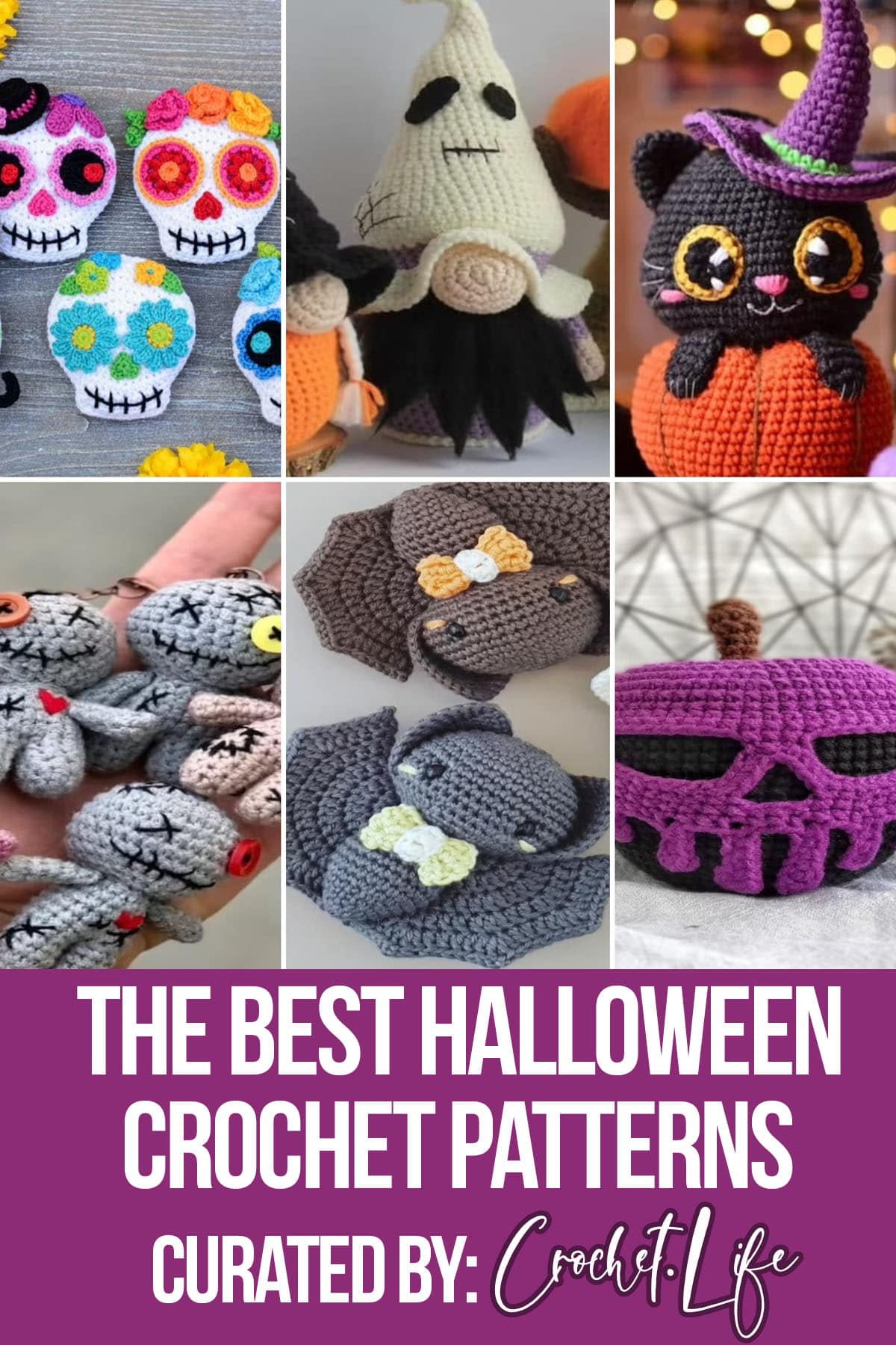 photo collage of crochet patterns for halloween with text which reads the best halloween crochet patterns curated by crochet.life