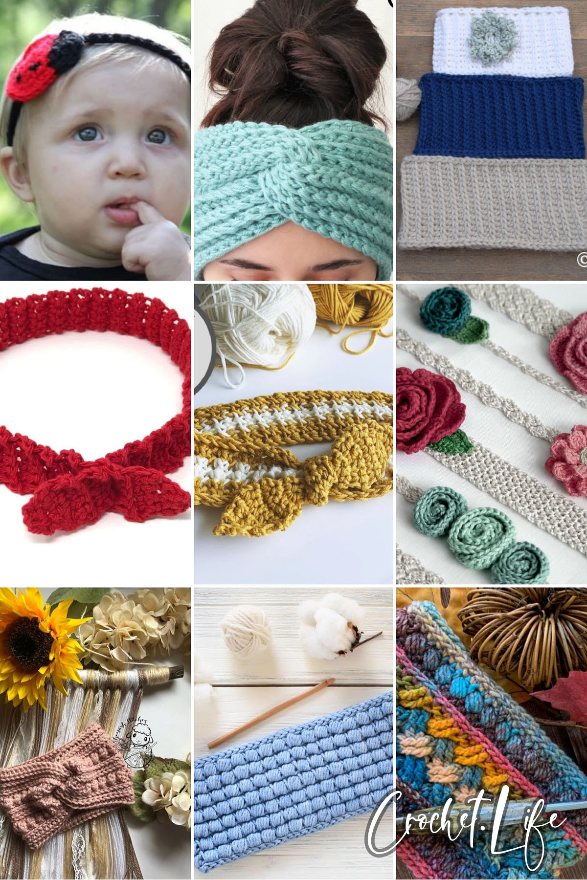 photo collage of crochet headband patterns