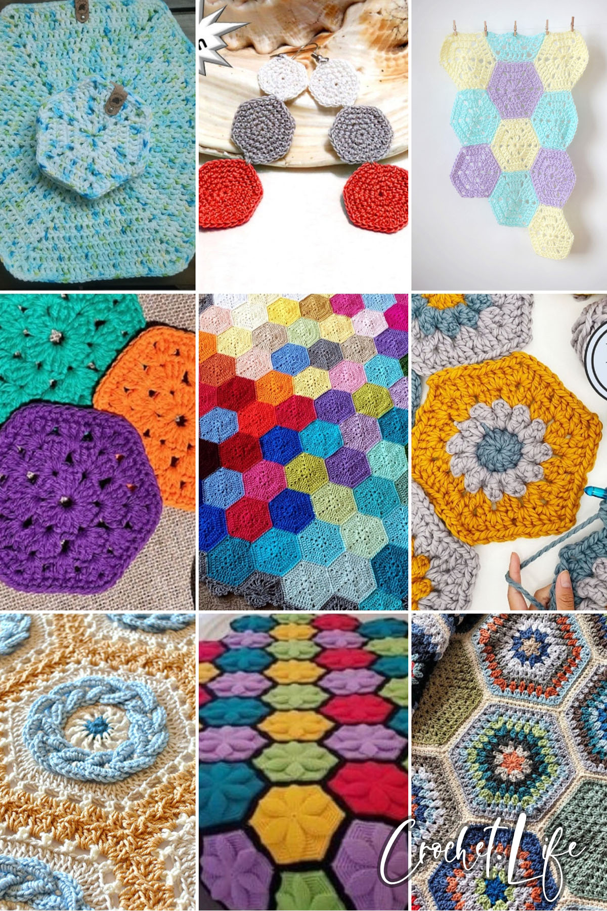 photo collage of crochet hexagon patterns 