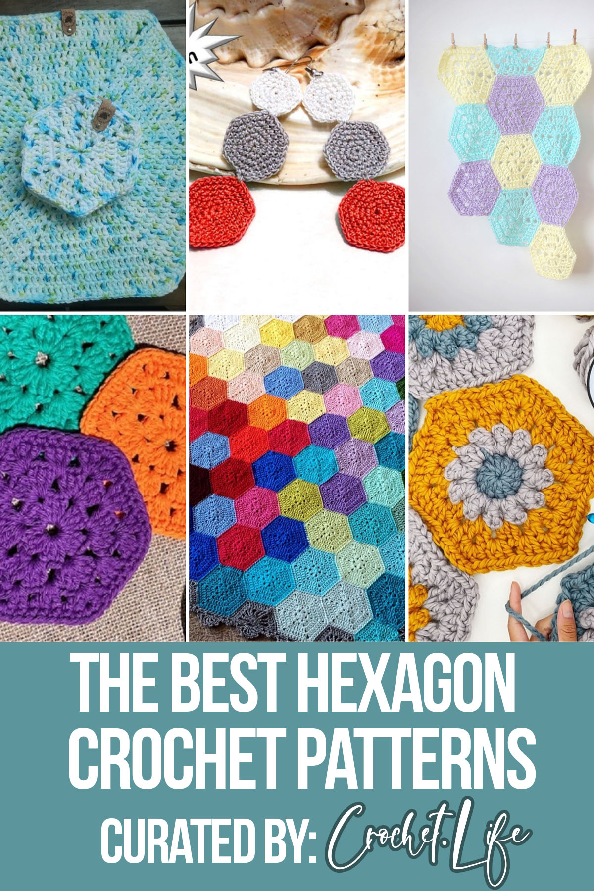 photo collage of crochet patterns of hexagons with text which reads the best hexagon crochet patterns curated by crochet.life 
