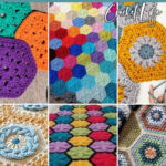 photo collage of crochet patterns of hexagons with text which reads the best hexagon crochet patterns