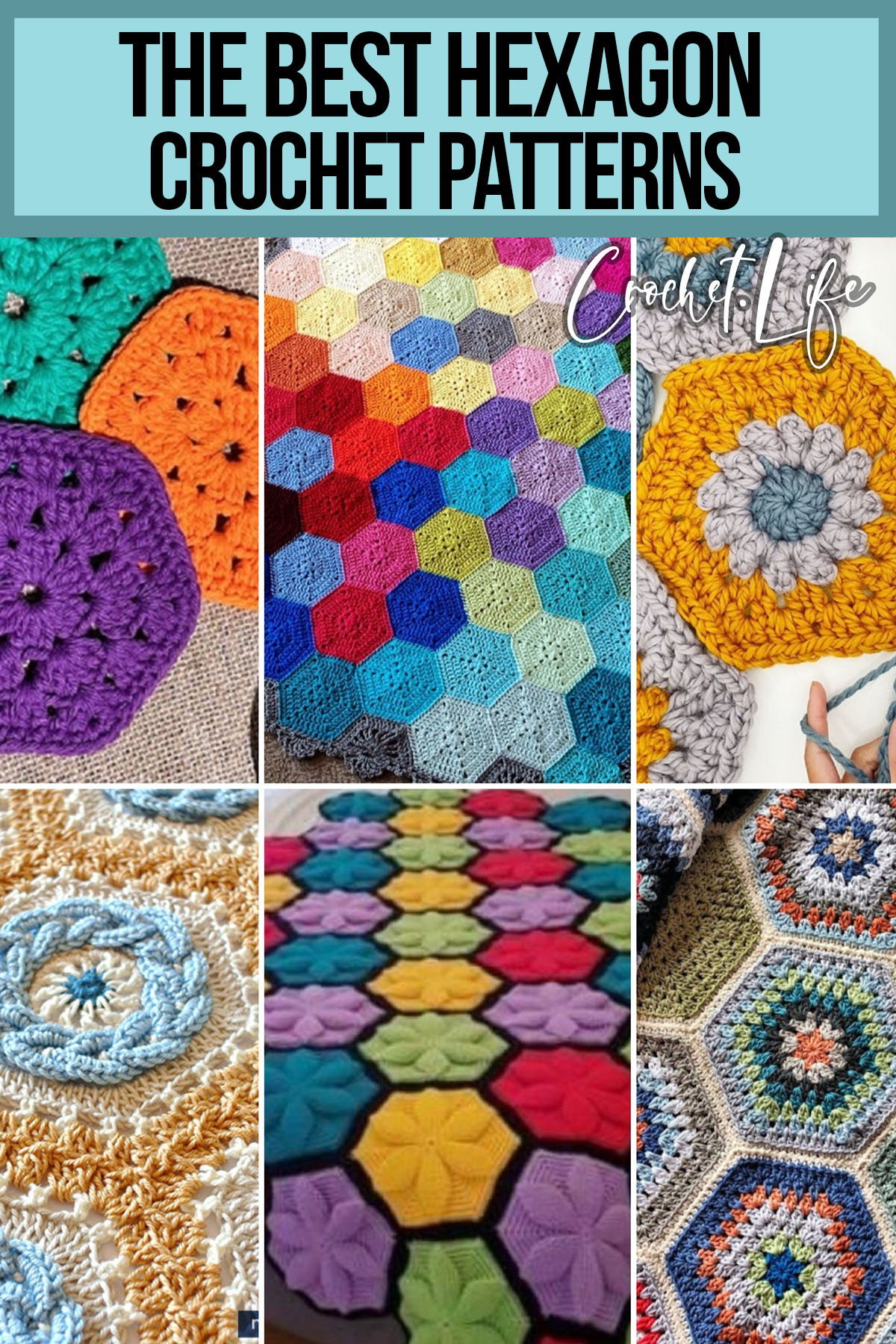 photo collage of crochet patterns of hexagons with text which reads the best hexagon crochet patterns