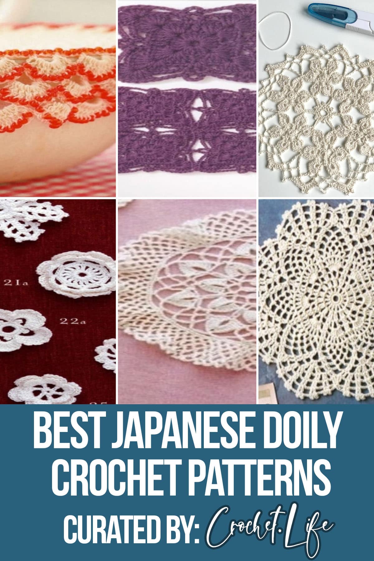 photo collage of japanese crochet patterns for doilies with text which reads best japanese doily crochet patterns curated by crochet.life