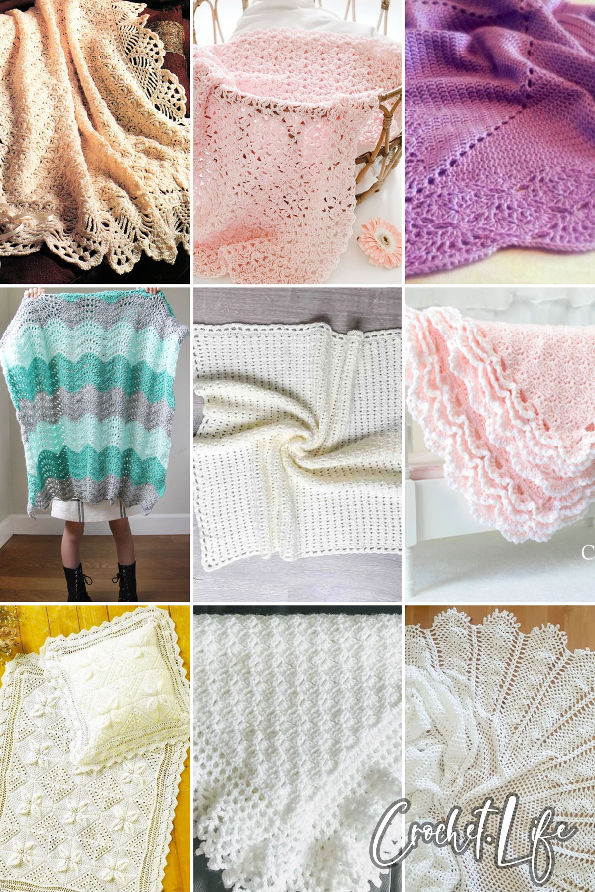 photo collage of crochet lacy baby blanket patterns
