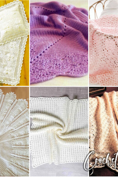 photo collage of lacy baby blanket crochet patterns