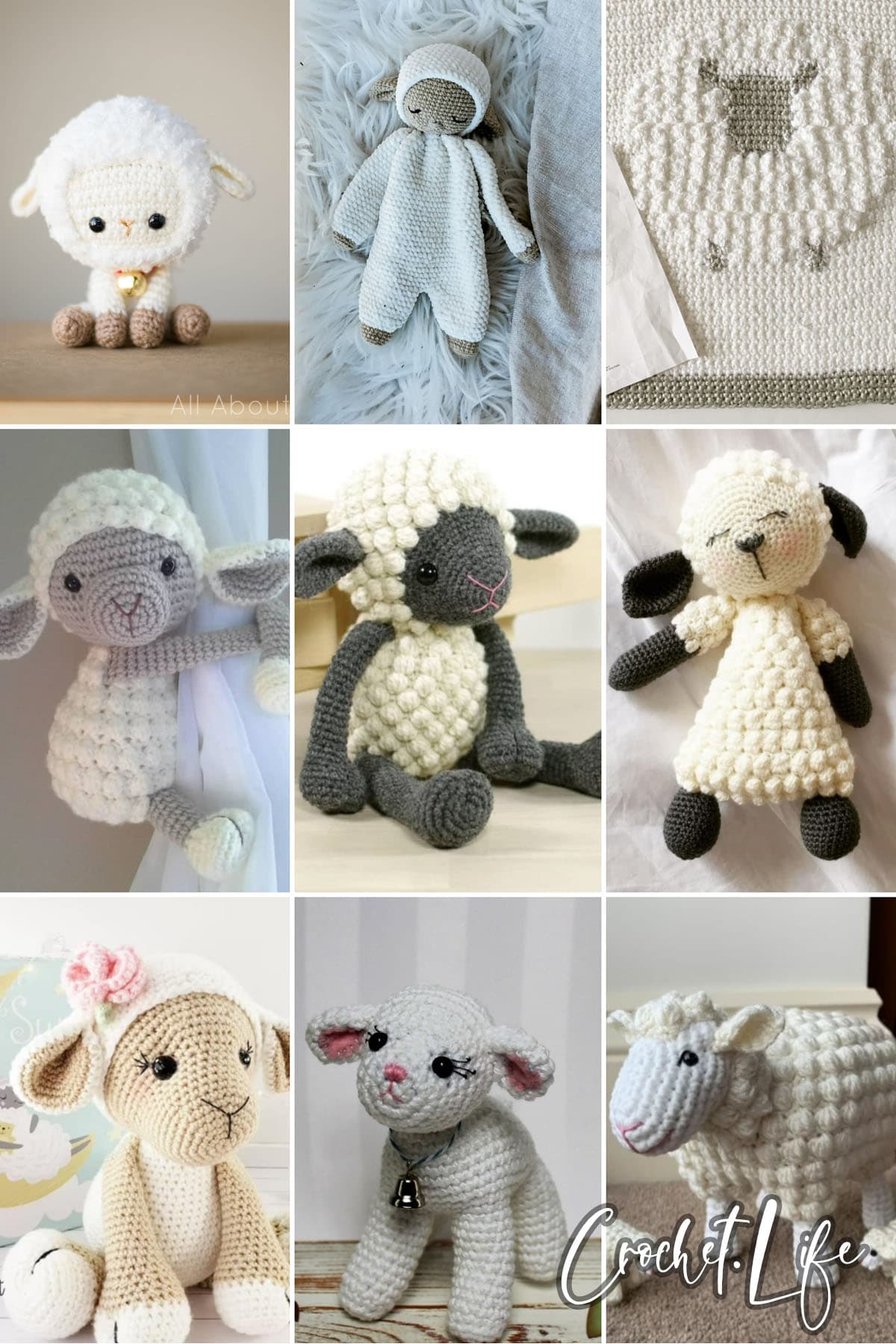 photo collage of crochet lamb patterns