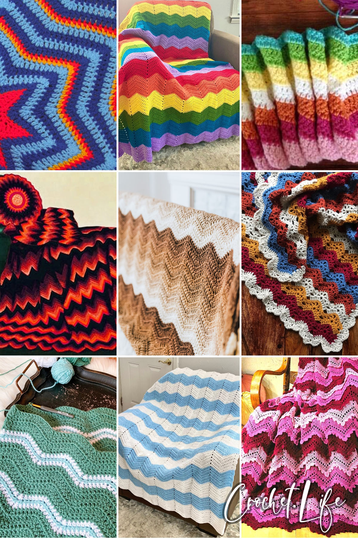 photo collage of crochet large ripple blanket patterns 
