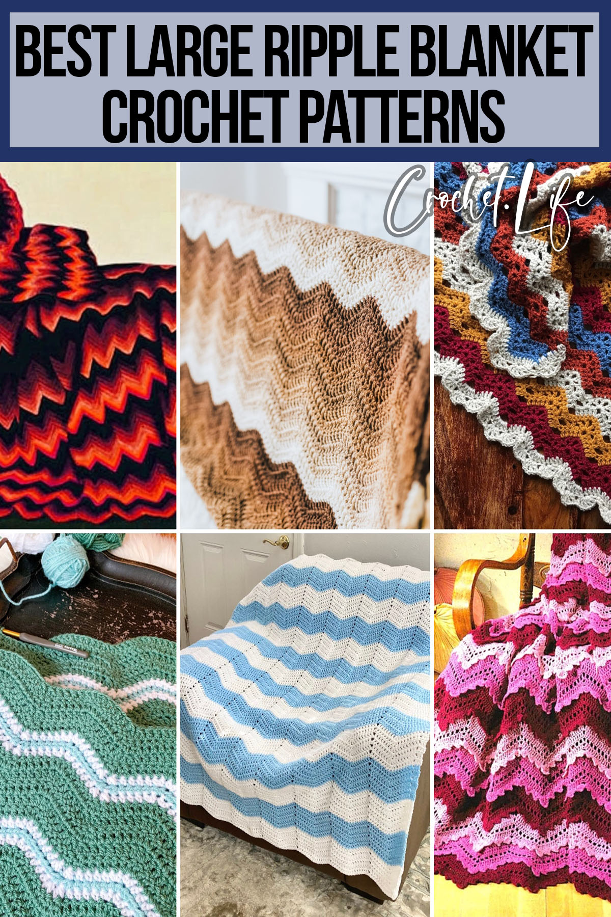 photo collage of large ripple crochet blanket patterns with text which reads best large ripple blanket crochet patterns