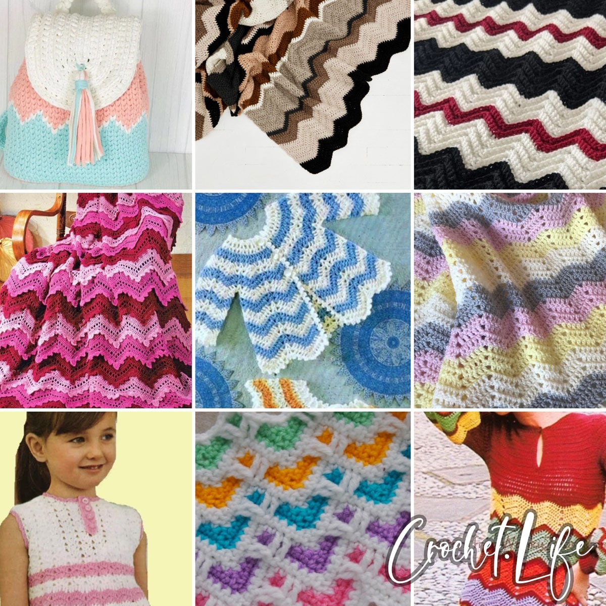 photo collage of large ripple blanket crochet patterns 