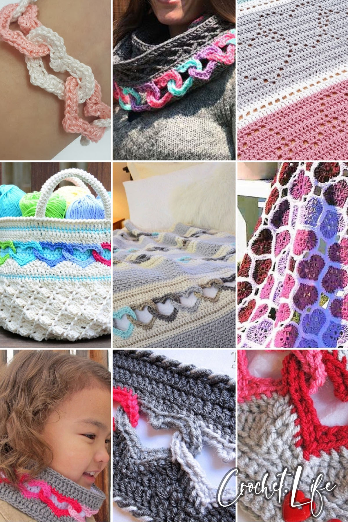 photo collage of crochet linked heart patterns 