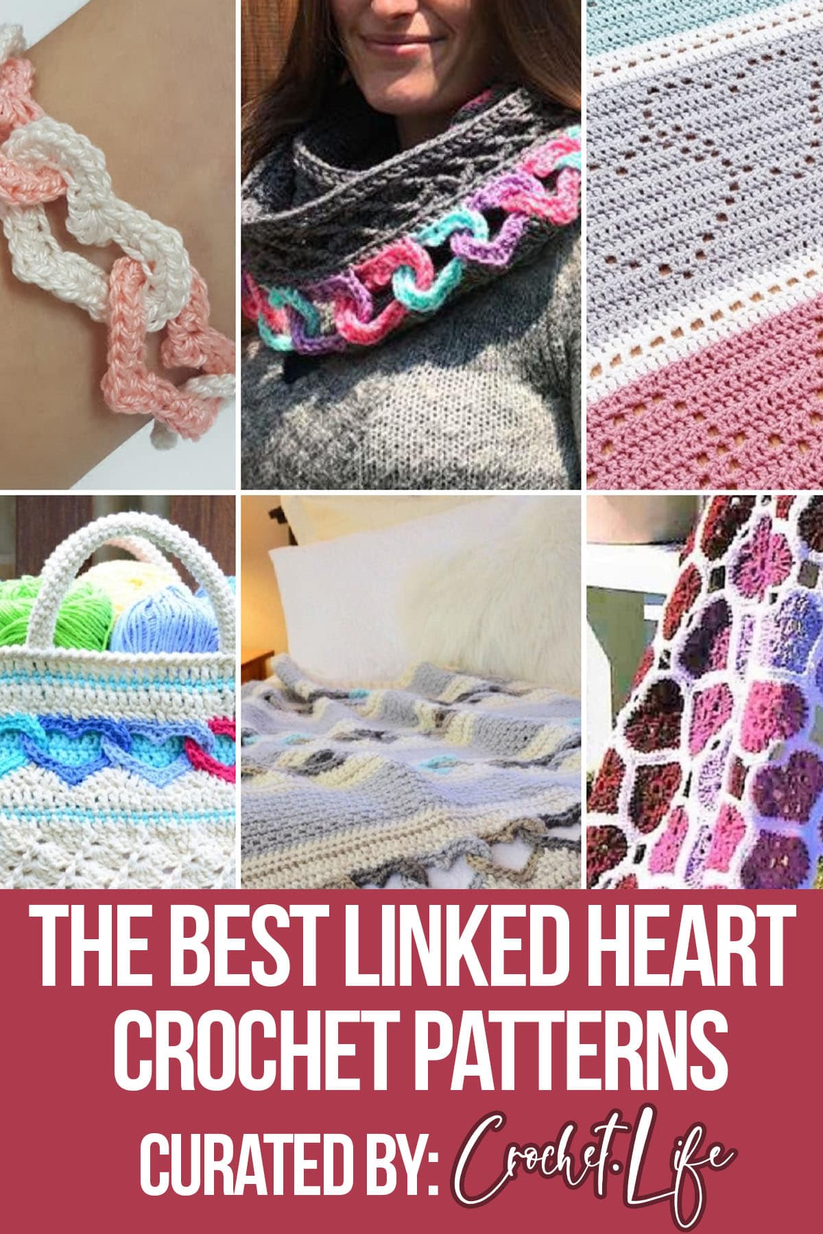 photo collage of crochet patterns for linked heart ideas with text which reads the best linked heart crochet patterns curated by crochet.life
