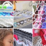 photo collage of joined heart crochet patterns with text which reads the best linked heart crochet patterns