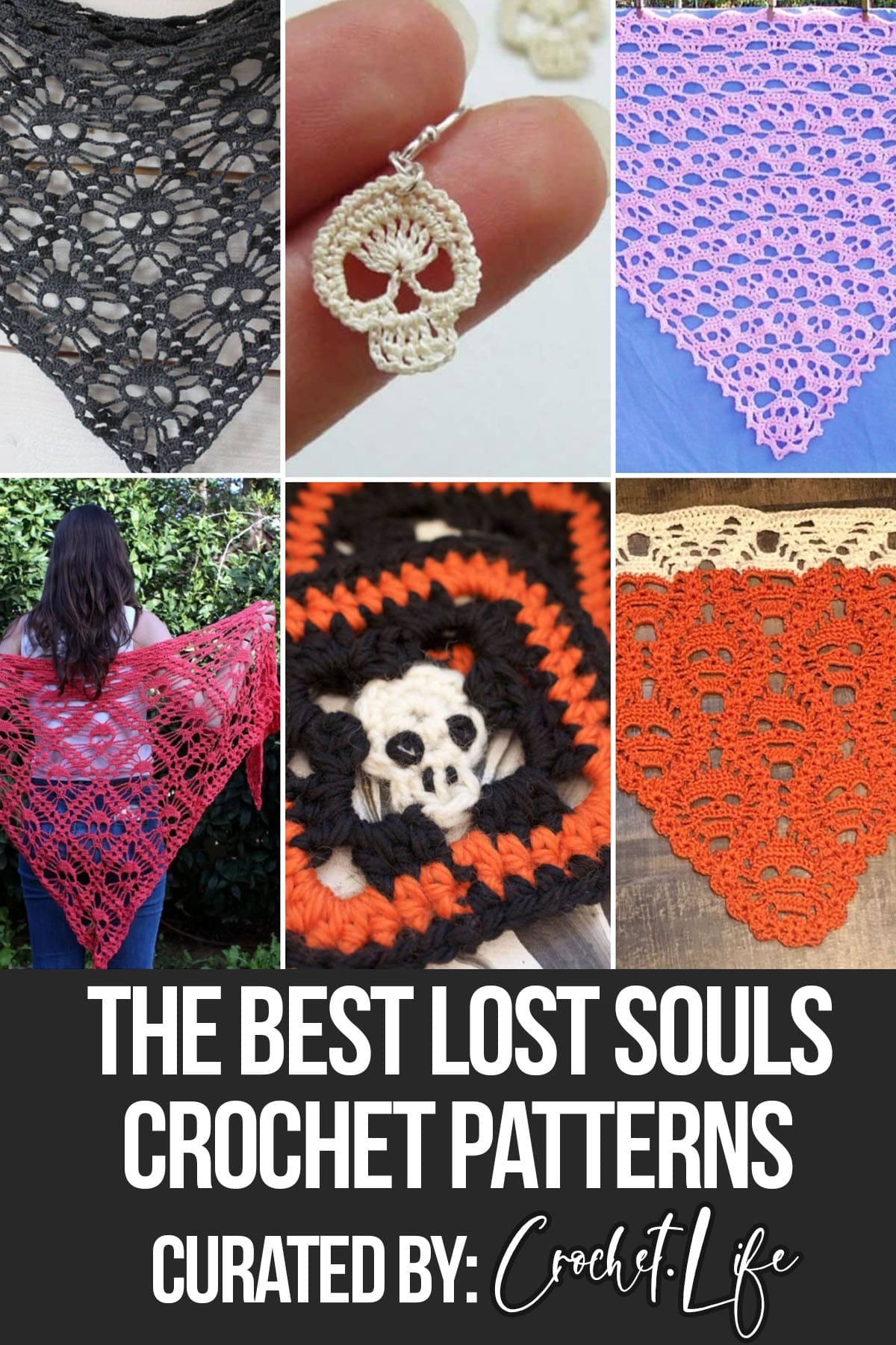 photo collage of skull crochet patterns with text which reads the best lost souls crochet patterns curated by crochet.life
